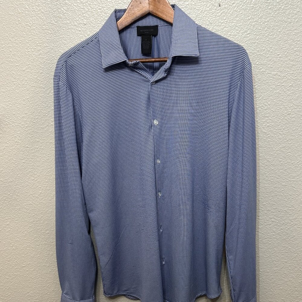 Magaschoni Man Blue White Check Button Down Long Sleeve Shirt Medium